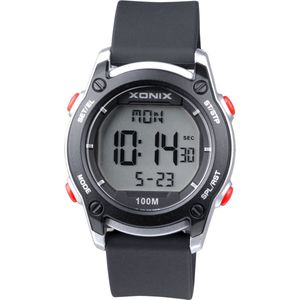 Xonix BAZ-007 - Horloge - Digitaal - Kinderen - Unisex - Rond - Siliconen band - ABS - Cijfers - Achtergrondverlichting - Alarm - Start-Stop - Tweede tijdzone - Datumaanduiding - Waterdicht - 10 ATM - Zwart - Zilverkleurig - Rood