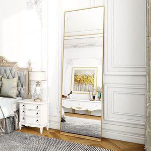 Spiegel groot 53 x 163 cm, minimalistische lijst, staande spiegel, robuust, modern, staand, grote wandspiegel, horizontaal of verticaal hangend, voor slaapkamer, goud