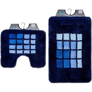 Wicotex - Badmat set met Toiletmat - WC mat met uitsparing Blauwe rand geblokt - Antislip onderkant