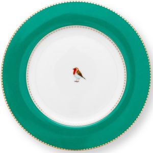 Pip Studio Love Birds emerald Green - gebaksbord ⌀17cm - porselein - gebaksbordje groene rand - roodborstje