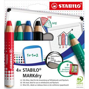 Whiteboard- en Flipover Marker - STABILO MARKdry - Etui Met 4 Stuks - Met Puntenslijper en Uitveegdoek - In 4 Verschillende Kleuren