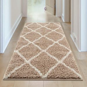 Shaggy tapijt - moderne Marokkaanse designtapijten voor woonkamer slaapkamer hal - 3 cm dikke vloerkleden - Marokkaans beige/ivoor 60 x 110 cm vloerkleed