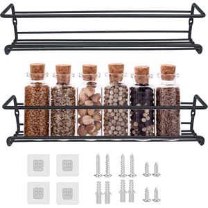 Kruidenrek, wandverpakking, 2 stuks, kruidenrek van metaal, zwart kruidenrek, hangend, zonder boren, muur, keukenplank voor keuken, kruidenorganizer, keukenaccessoires, 29 x 6 x 6,5 cm