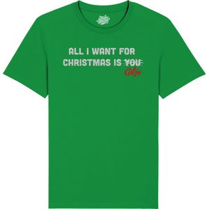 All i want for Christmas is wijn - Foute Kersttrui Kerstcadeau - Dames / Heren / Unisex Kleding - Grappige Kerst Outfit - Glitter Look - T-Shirt - Unisex - Kelly Groen - Maat XXL