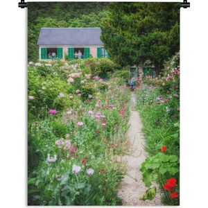Wandkleed Monet's tuin - Pad naar boerderij met de deurtjes in de tuin van Monet in Frankrijk Wandkleed katoen 90x120 cm - Wandtapijt met foto