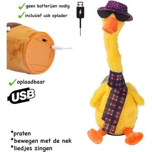 Pratende Eend met kostuum - Oplaadbaar! - Dansende en Pratende Interactieve Knuffel 32CM - bekend van TikTok - Talking & dancing Duck - voice opname - record - hit songs - Pluche Speelgoed (incl. oplader)