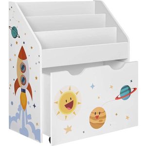 Speelgoedplank, Boekenplank Voor Kinderen, Kinderkamerplank Met 3 Vakken En Uittrekbare Speelgoeddoos Met Wielen, Speelgoed Organizer, Kinderkamer, Voor Boeken, Speelgoed, Wit