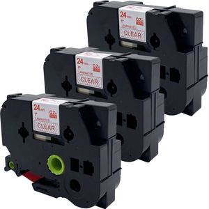 DULA Brother Compatible label tape- Tze-152 - 3 cassettes - Brother P-Touch - Rood op transparant - 24mm x 8m