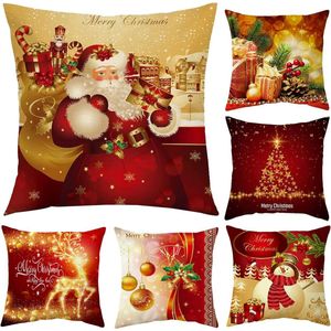 Set van 6 kerstkussenhoezen, rood en goud decoratieve kerstkussenhoezen, kerstsneeuwman rendier kerstman kussenhoes voor bankdecoratie Kerstmis, 45 x 45 cm