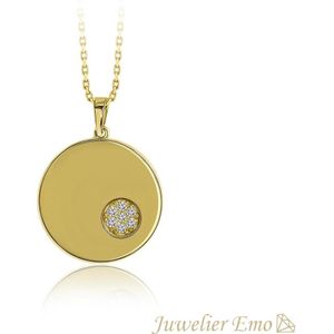 Juwelier Emo – 14 Karaat Gouden Ronde plaat Ketting met Zirkonia stenen - Dames Ketting - 45 CM