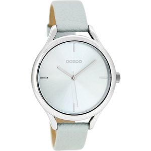 OOZOO Timepieces - Zilverkleurige horloge met licht blauwe leren band - C8346