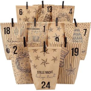 Adventskalender - bedrukte zakken pakpapier - klassieke kerstmotieven met zwarte klemmen - set 12