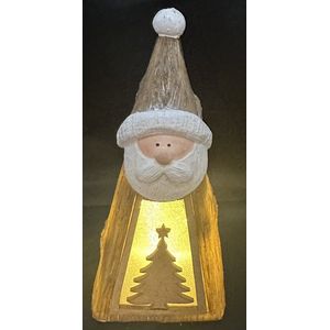 Kerstbeeld ""houtlook"" Kerstman met LED - welcome - warm witte LED - houtlook - polyresin - hoogte 17x9x5 cm - Kerstdecoratie - Woonaccessoires