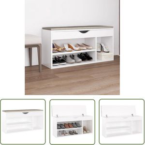 The Living Store Schoenenbank met kussen 104x30x49 cm bewerkt hout wit - Schoenenbank - Schoenuitlegers - Houten Meubels - Witte Meubelen - Bergruimte