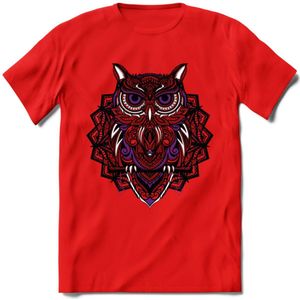 Uil - Dieren Mandala T-Shirt | Paars | Grappig Verjaardag Zentangle Dierenkop Cadeau Shirt | Dames - Heren - Unisex | Wildlife Tshirt Kleding Kado | - Rood - L