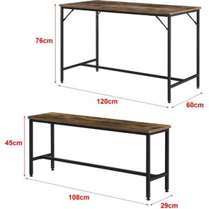 In And OutdoorMatch Eetkamerset Jacklyn - Eettafel met zwarte en houtkleurige banken - Staal en spaanplaat - Modern design