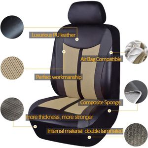 Auto Stoelhoezen 6 STKS Voorzetels Lederen Splicing Mesh Ademend Cover Zwart met Beige Kleur