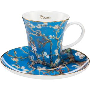 Goebel - Vincent van Gogh | Kop en schotel Espresso Amandelboom blauw | Porselein - 12cm - 100ml - met echt goud