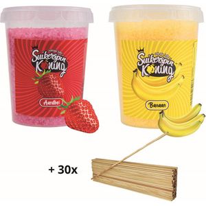 Suikerspin Suiker - Aardbei - Banaan - 2 potten x 400 gram incl. ± 30 suikerspin stokjes - Fruit combo 6