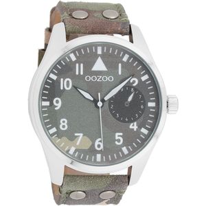 OOZOO Timepieces - Zilverkleurige horloge met camouflage leren band - C10326