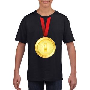 Gouden medaille kampioen shirt zwart jongens en meisjes - Winnaar shirt Nr 1 kinderen 134/140