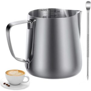350 ml Frothing Jug Stainless Steel - Handheld Frother Cup with Size Indication - Latte Art Pen Included - for Espresso Milk Frother and Coffee Lovers