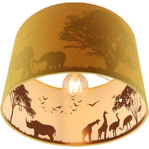 Olucia Safari - Kinderkamer plafondlamp - Stof - Geel - Cilinder - 30 cm