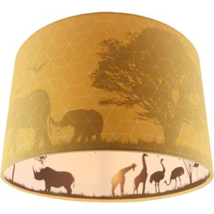 Olucia Safari - Kinderkamer plafondlamp - Stof - Geel - Cilinder - 30 cm