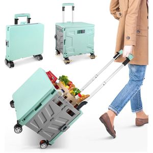 Boodschappentrolley inklapbaar, transporttrolley, tot 50 kg, 50 l kist, boodschappenmand met deksel, uittrekbare aluminium handgreep, 4 360° draaibare rubberen wielen, 100 x 41 x 35 cm (groen-grijs)