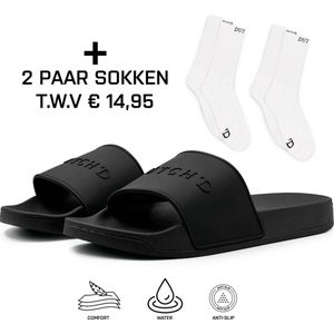 Dutch'D ® Rubberen slipper + GRATIS Sport Sokken TWV €14,00 - zwart - Maat 37/38 - anti slip - Comfortabel - Dubbele maten - unisex - Heren Badslipper - Slippers - Badslippers