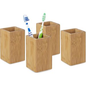 Relaxdays 4x tandenborstelhouder bamboe - tandpastahouder - natuurlijk design - hout