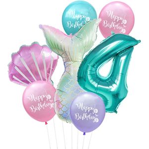 Cijfer ballon 4 Turquoise - Zeemeermin - Mermaid - Meermin - Ballonnen Pakket - Kinderfeestje - Helium Ballonnen - Snoes