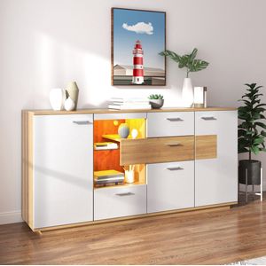 Sweiko Dressoir - LED verlichting - 2 deuren - 4 laden - Glazen legplanken - Houten look - Wit