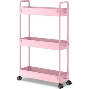 3-Tier Slide-out Slim Rolling Utility Cart Organizer voor Keuken en Badkamer - Roze Wasmachine rek