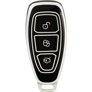 Zachte TPU Sleutelcover - Geschikt voor Ford Focus / Fiesta / Kuga / Fusion / Mondeo / Ecosport / ST - Zwart Zilver Metallic - Sleutel Hoesje Cover - Randen Zilver - Auto Accessoires