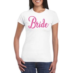 Bellatio Decorations Vrijgezellenfeest T-shirt voor dames - bride - wit - roze glitter - bruiloft XS