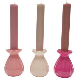 Cactula set van 3 glazen vaasjes / kandelaren ronde vorm in 3 tinten roze - mat 7 x 9 cm met bijpassende kaarsen