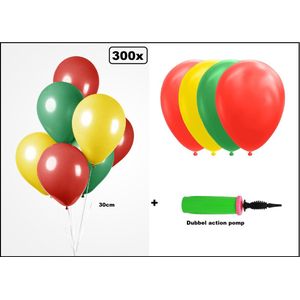300x Luxe Ballon rood/geel/groen 30cm + dubbel actie pomp - biologisch afbreekbaar - Carnaval Festival feest party verjaardag landen helium lucht thema