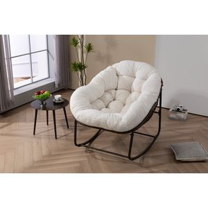 Merax Schommelstoel voor Buiten - Witte Rotan Rocking Chair met Dikke Kussens - Lounge Stoel voor Veranda - Balkon - Tuin - Woonkamer