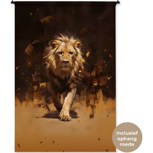Wandkleed 120x180 cm - Wanddoek Leeuw - Geschilderd - Abstract - Goud - Wandtapijt - Wandkleden