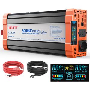 Omvormer 12 V naar 230 V - 3000 W zuivere sinusgolf met USB en LCD