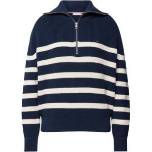 Tommy Hilfiger Cardigan Dames Trui Gebreid Katoen - Blauw/Wit - Maat XL