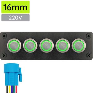 ProRide Metalen Drukschakelaars ON-OFF 220V - 16mm - Vijfvoudig inbouwpaneel - IP67 - LED indicatie Groen