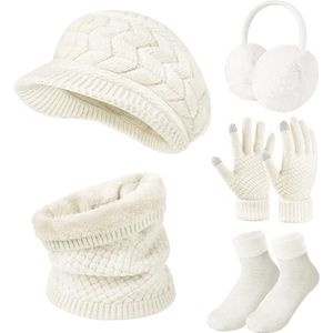 Gebreide wintermuts en sjaal voor dames, 5 stuks, ski-uitje, pluche oorwarmers gebreide sjaal, baretten, hoed en touchscreen-handschoenen, thermische sokken, set voor skiën, buitensporten, Beige.