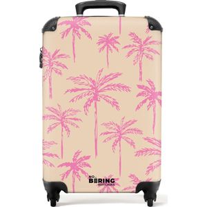 NoBoringSuitcases.com® - Handbagage koffer lichtgewicht - Reiskoffer trolley - Beige met roze palmbomen - Rolkoffer met wieltjes - Reistrolley - Past binnen 55x40x20 en 55x35x25