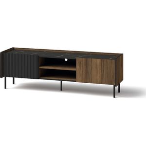 Prestigo P7 - TV-meubel - staand - 150 cm - op hoge poten - industrieel - ruim - planken - gegroefde voorkant - zwart - walnoot - Maxi Maja