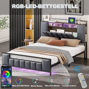 Sweiko Zacht Gewatteerd bed 140x200cm, Multifunctioneel bed met LED-verlichting, USB-aansluiting, opslag, alle ijzeren bedframe, tienerbed, volwassen bed, tweepersoonsbed, synthetisch leer, Grijs