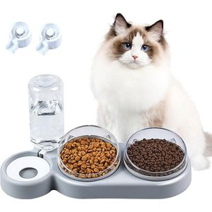 Voerbak voor katten, 3-in-1 voerbak, voerbak voor katten met standaard 15 ° gekanteld, afneembare voerbak voor katten en honden, anti-morsen en verstelbaar, voerbak voor katten en puppy's, drinkbak (grijs)