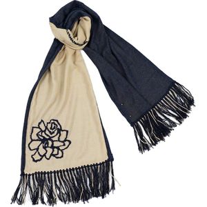 YELIZ YAKAR - Handmade - enkel exemplaar - Luxe dubbelzijdig handgeschilderd dames pashmina / katoen sjaal “Furud”- beige en blauw kleuren - designer kleding- zomer sjaal- luxecadeau