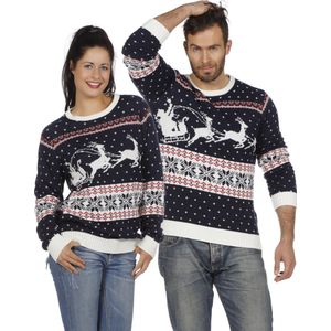 Wilbers & Wilbers - Kerst & Oud & Nieuw Kostuum - Kersttrui Blauw Met Slee - Blauw - Medium - Kerst - Verkleedkleding